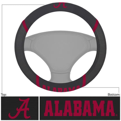 Alabama Crimson Tide Steering Wheel Cover: 15" diameter, mesh/faux suede, embroidered logos, by Fanmats.