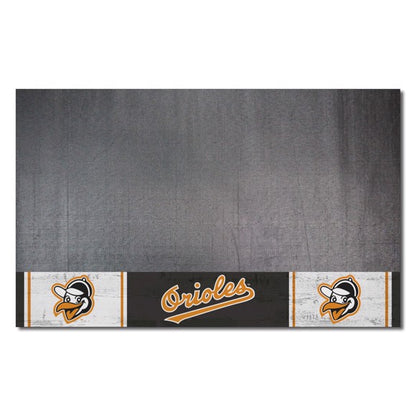 "Baltimore Orioles 26" x 42" Retro Shoulder Patch Bird Logo Grill Mat by Fanmats, featuring the retro bird logo and team colors. Made of durable rubber or vinyl, officially licensed."