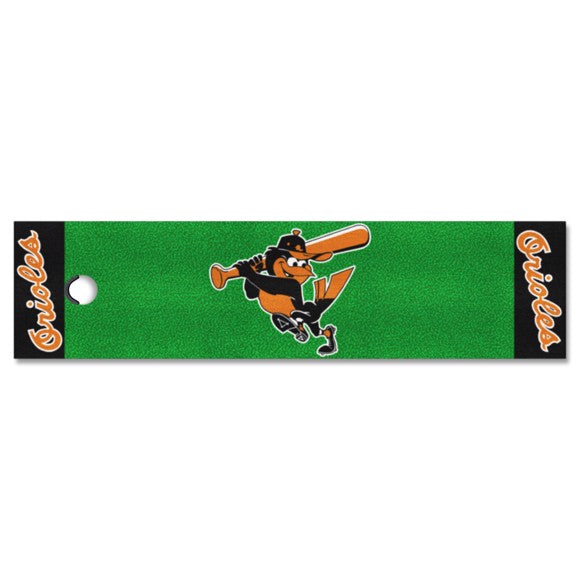 "Baltimore Orioles Green Putting Mat - Retro Collection by Fanmats, featuring a retro design with team logo and colors. Made of durable material for practice, officially licensed."