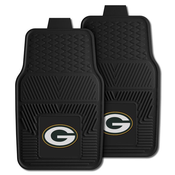 Green Bay Packers NFL Car Mat Set: Universal Size, Heavy-Duty Vinyl, Dirt-Scraping Ribs, 3-D Team Logo, Nibbed Backing, Officially Licensed.