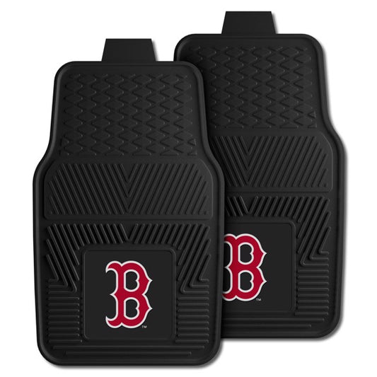 Boston Red Sox 2-pc Vinyl Car Mat Set: Heavy-duty, ribbed design traps dirt and water. Authentic team colors. MLB licensed.
