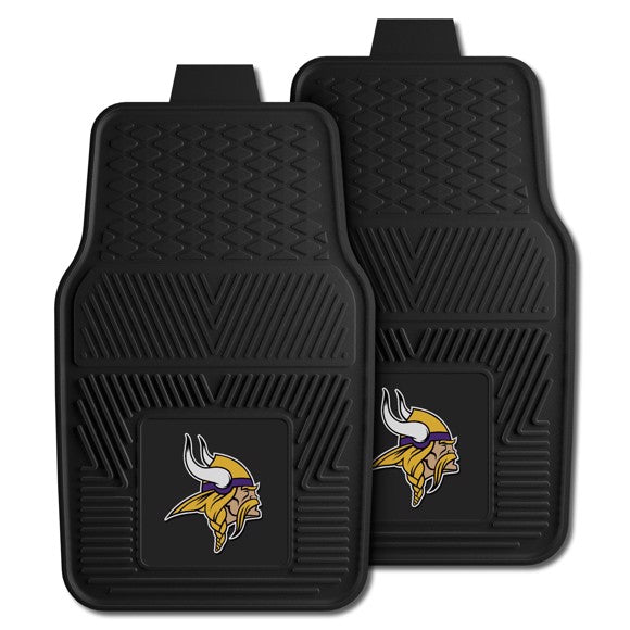 "Minnesota Vikings NFL Car Mat Set: Universal size, durable 100% vinyl, logo in team colors, deep pockets for dirt and water, officially licensed.