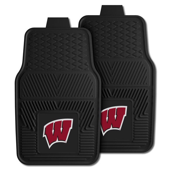 Wisconsin Badgers NCAA Car Mat Set: Universal Size, Heavy-Duty Vinyl, Dirt-Scraping Ribs, 3-D Team Logo, Nibbed Backing, Officially Licensed.
