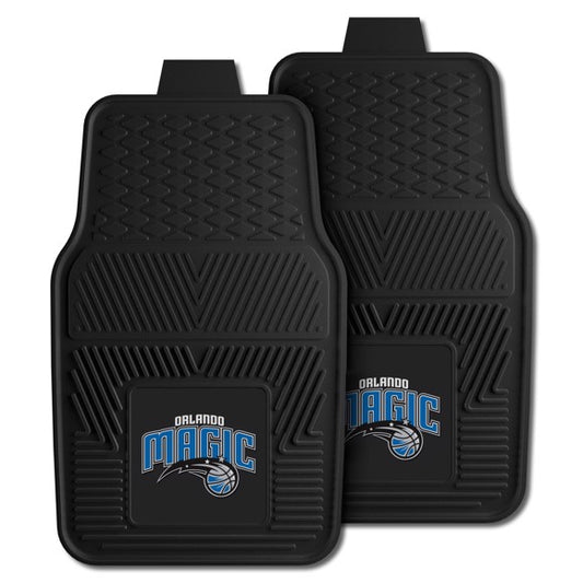 Orlando Magic Car Mat Set: Durable heavy-duty vinyl, ribbed texture for cleaning, deep pockets, NBA logo, recycled backing.