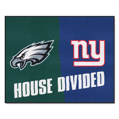 Philadelphia Eagles / New York Giants House Divided Mat: 33.75" x 42.5", team colors & logos, non-skid backing, 100% nylon, machine washable, USA-made.