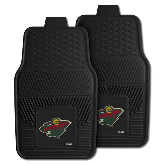 Minnesota Wild NHL Car Mat Set: Universal size, durable 100% vinyl, 3-D logo in team colors, deep pockets for dirt and water, officially licensed.