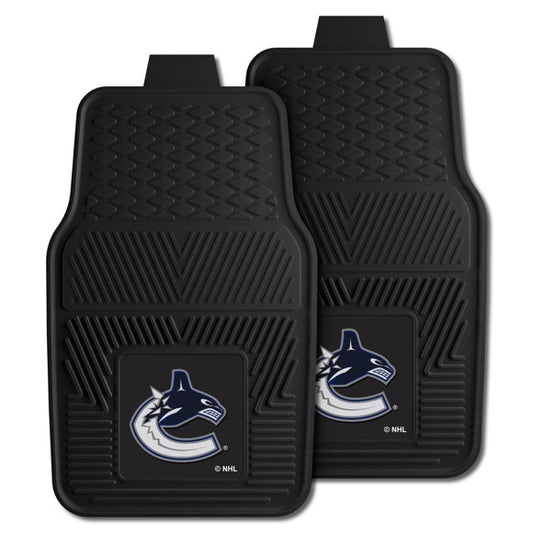 Vancouver Canucks 2-pc Vinyl Car Mat Set: Heavy-duty construction with team logo. Dirt-trapping design. Officially licensed by the NHL.