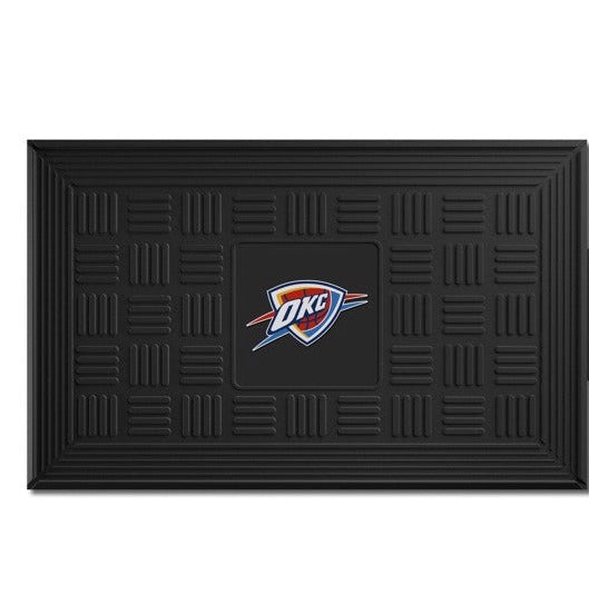 Oklahoma City Thunder NBA Door Mat: 19.5" x 31", 3-D logo in team colors. Ridges clean shoes, drain water. Durable, weather-resistant vinyl. Officially Licensed.
