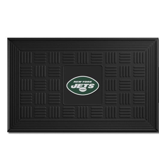 New York Jets NFL Door Mat: 19.5" x 31", 3-D logo in team colors. Ridges clean shoes, drain water. Durable, weather-resistant vinyl.