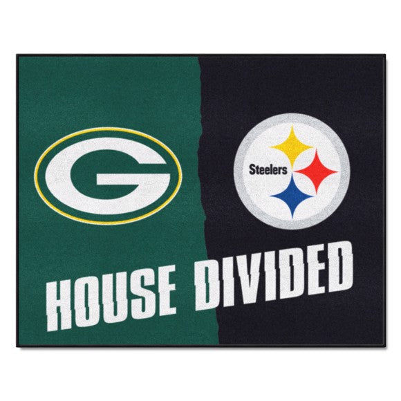 USA-made NFL mat: Packers/Steelers/Patriots. 33.75" x 42.5". 'A House Divided' design. Non-skid, machine washable. Officially licensed.