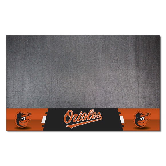 "Baltimore Orioles 26" x 42" Grill Mat by Fanmats, featuring team logo and colors. Made of durable rubber or vinyl, officially licensed."