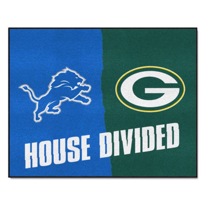 House Divided NFL mat featuring Detroit Lions and Green Bay Packers logos, 33.75 x 42.5 inches, durable and washable."