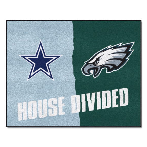  Dallas Cowboys / Philadelphia Eagles House Divided Mat: 33.75" x 42.5", team colors & logos, non-skid backing, 100% nylon, USA-made.