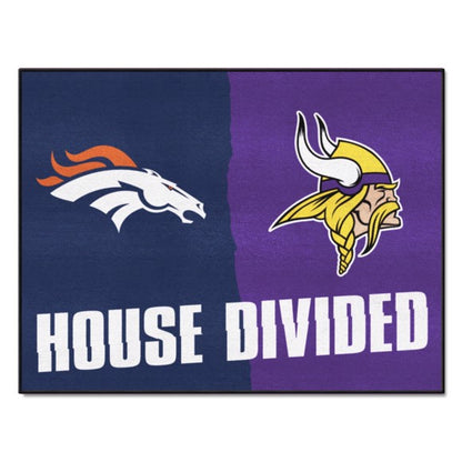 Denver Broncos/Minnesota Vikings House Divided Mat with team logos, colors, and durable design. Made in the USA.