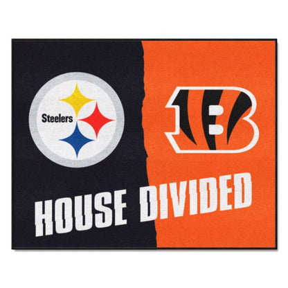 USA-made House Divided NFL mat: Steelers/Bengals. 33.75" x 42.5". Non-skid, durable nylon face. Machine washable. Officially licensed.