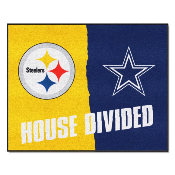 USA-made House Divided NFL mat: Steelers/Cowboys. 33.75" x 42.5". Non-skid backing, durable nylon face. Machine washable. Officially licensed by Fanmats.