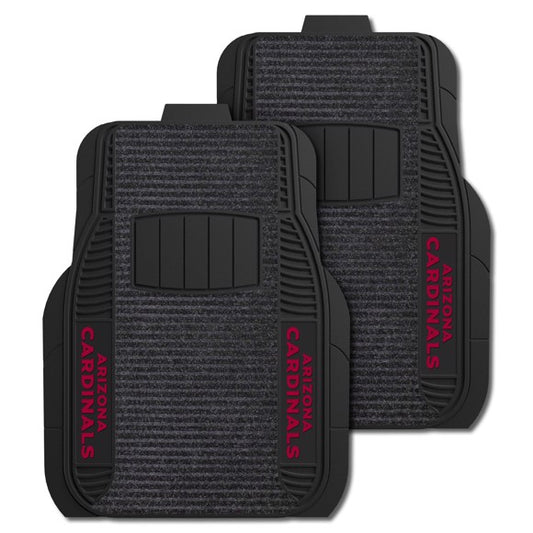 Elevate your car's interior with the Arizona Cardinals NFL Deluxe Car Mat Set. Dual ribbed charcoal carpet, trimmable edges, and nibbed backing