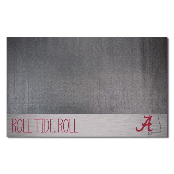 "Alabama Crimson Tide Grill Mat, 26x42 inches, team graphics, 100% vinyl, oil, flame, UV resistant. Made by Fanmats."