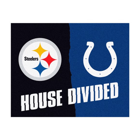 USA-made House Divided NFL mat: Steelers/Colts. 33.75" x 42.5". Non-skid backing, durable nylon face. Machine washable. Officially licensed by Fanmats.