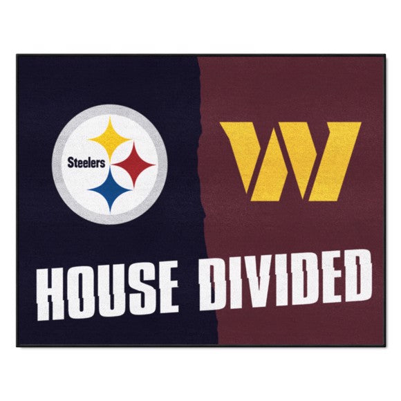 USA-made House Divided NFL mat: Steelers/Washington. 33.75" x 42.5". Non-skid backing, durable nylon face. Machine washable. Officially licensed by Fanmats.