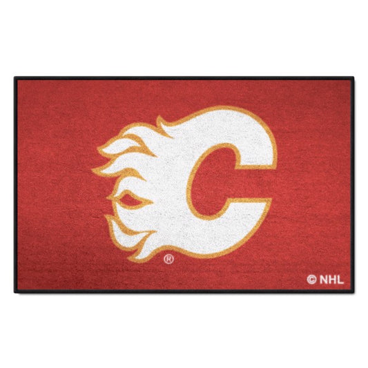 Calgary Flames Logo Starter Rug / Mat: 19" x 30", 100% nylon, non-skid backing, vibrant team colors, made in USA.