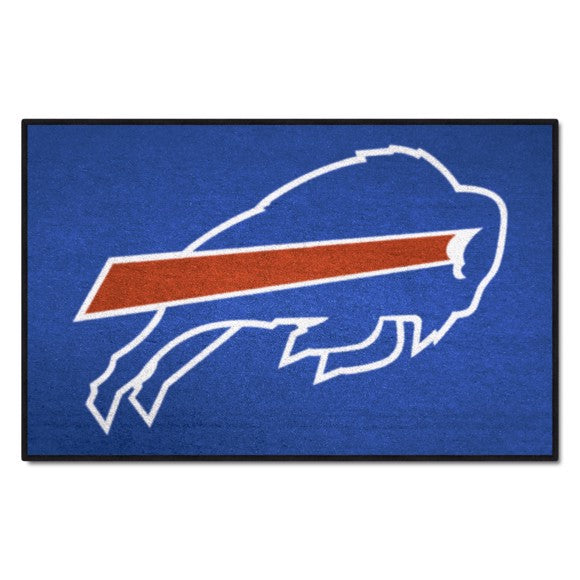 Buffalo Bills Logo Starter Rug / Mat: 19" x 30", 100% nylon face, non-skid backing, machine washable, vibrant team colors, made in USA.