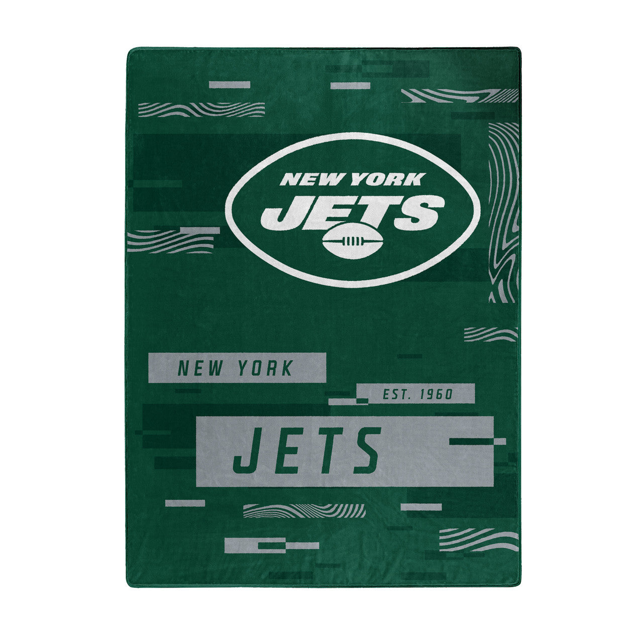 New York Jets blanket, 60" x 80", featuring team graphics in a digital abstract design. Soft, warm, and machine washable. Officially licensed.