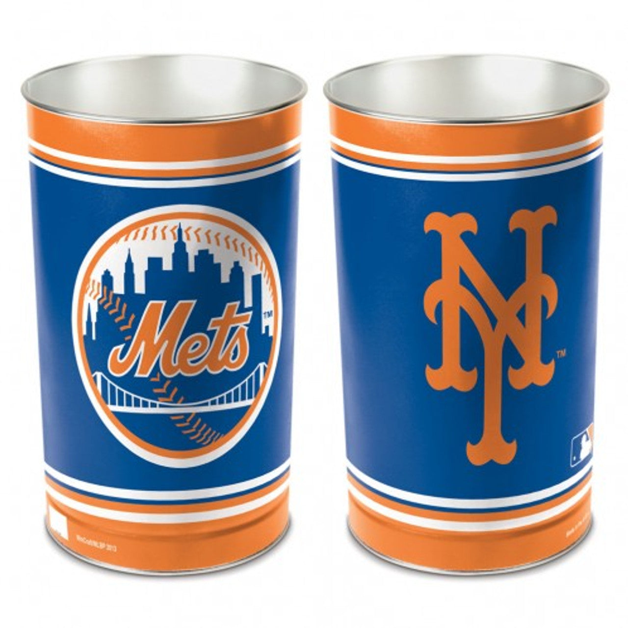 "New York Mets metal trash can by Wincraft, featuring the team logo and colors, perfect for adding team spirit and functionality to any room."