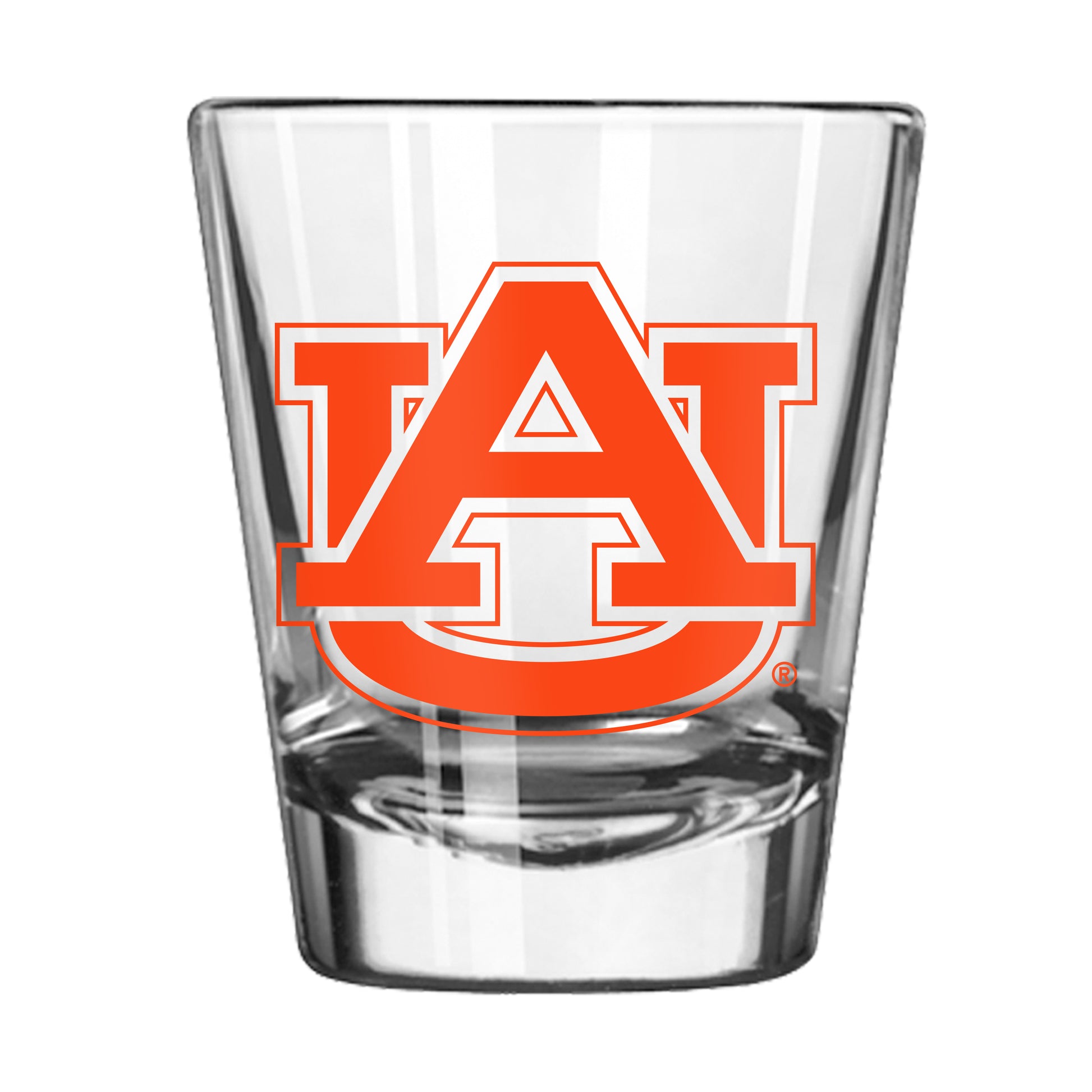 Auburn Tigers 2oz classic shot glass with team graphics, weighted base, and chip-resistant rim by Logo Brands.