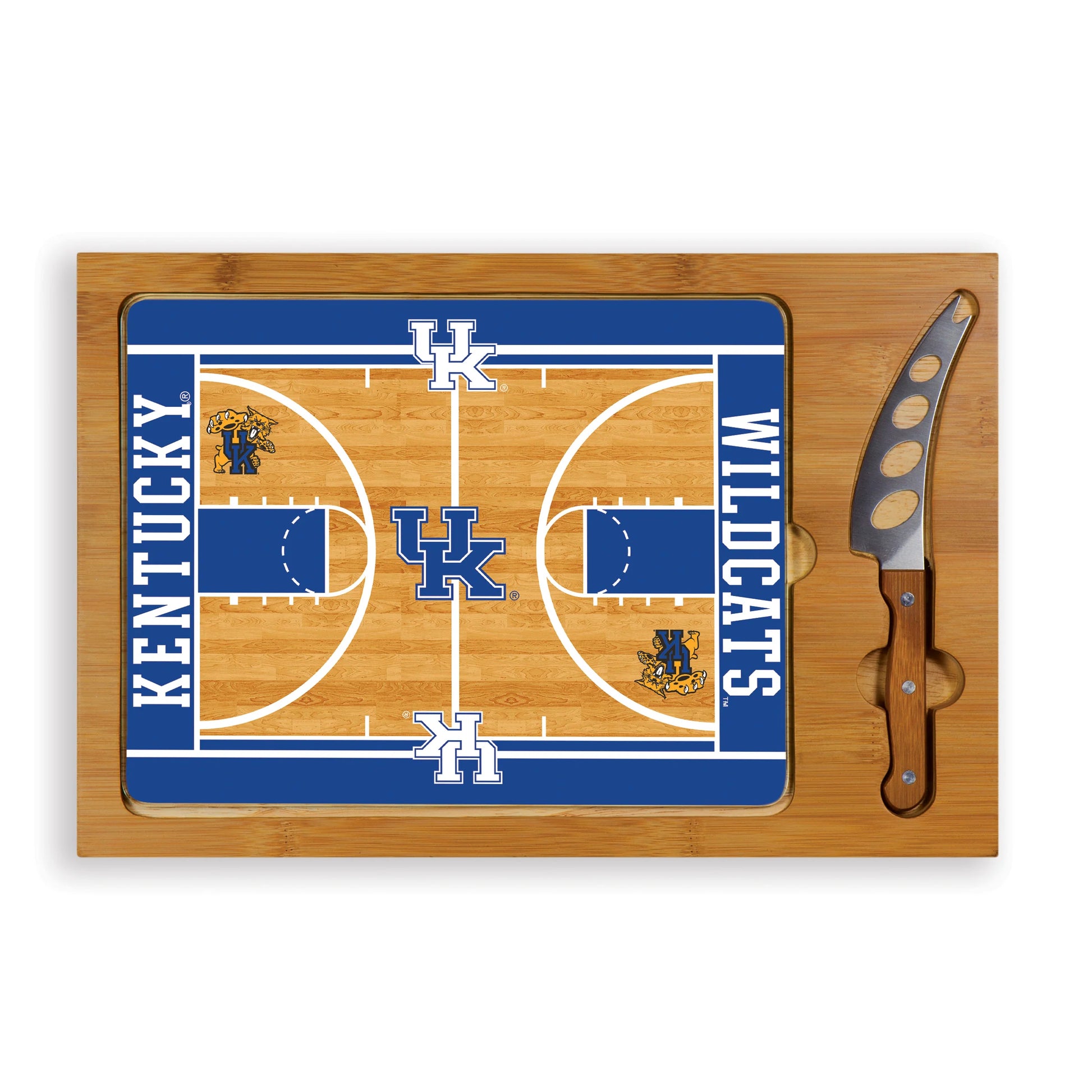 Kentucky Wildcats Icon cutting board with bamboo base and stainless steel cheese knife, NCAA officially licensed.
