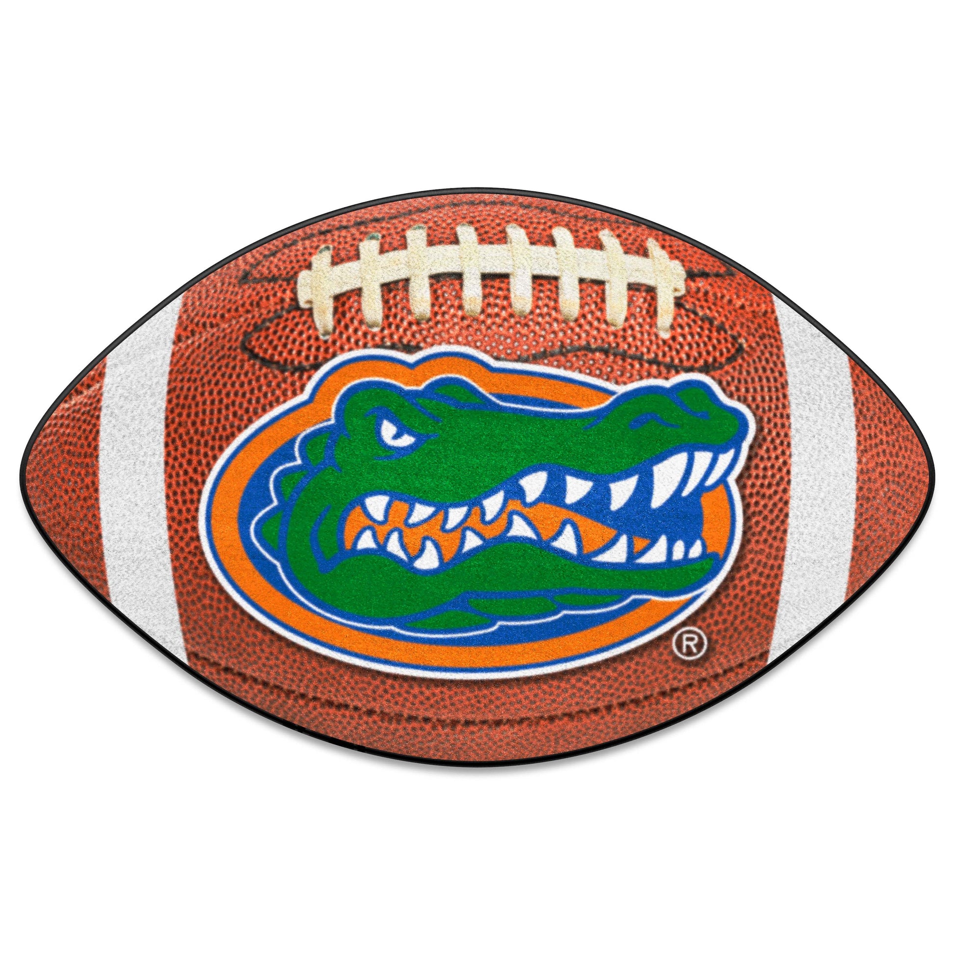 Florida Gators football-shaped USA-made floor mat with vivid logo, nylon face, non-skid vinyl backing, and durable design.