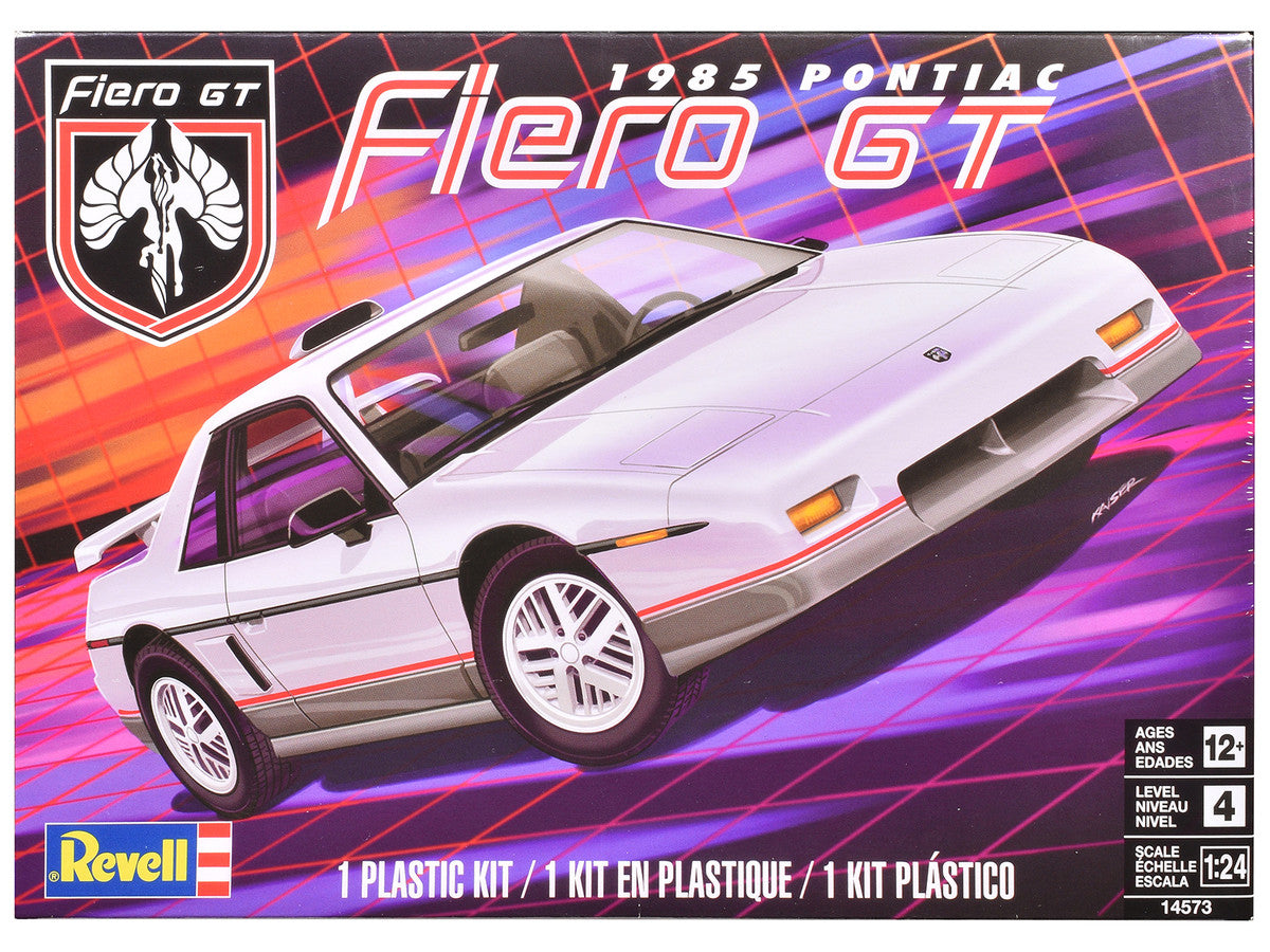 Revell 1985 Pontiac Fiero GT 1/24 scale plastic model kit with detailed V-6 engine, decals, and custom options.