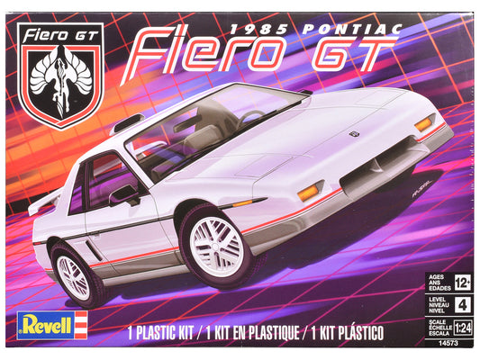 Revell 1985 Pontiac Fiero GT 1/24 scale plastic model kit with detailed V-6 engine, decals, and custom options.
