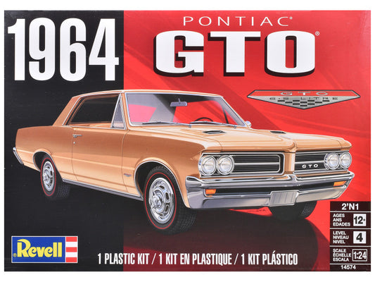 Revell 1964 Pontiac GTO 1/24 scale 2-in-1 plastic model kit with detailed parts, chrome accents, and decals.