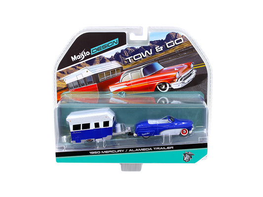 Maisto 1950 Mercury with Alameda Trailer 1/64 Diecast Model. Blue/White. Detailed, officially licensed. L-5 inches. Blister pack.