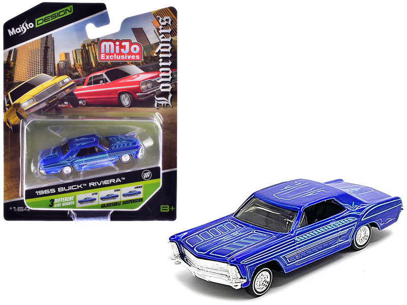 1965 Buick Riviera Candy Blue with Graphics "Lowriders" "Maisto Design" Series 1/64 Diecast Model Car by Maisto