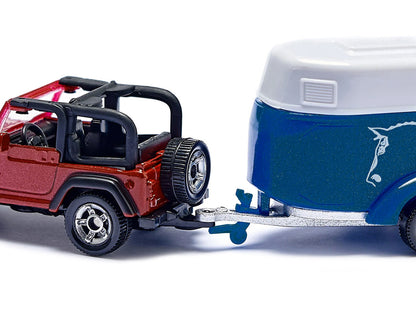 Jeep Red with Horse Trailer Blue and Horse Accessory Diecast Model by Siku