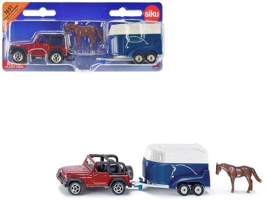 Jeep Red with Horse Trailer Blue and Horse Accessory Diecast Model by Siku