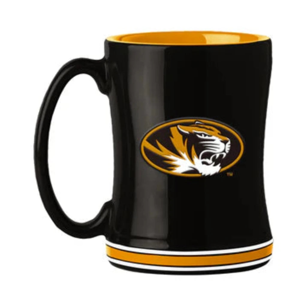 Missouri Tigers 14oz ceramic coffee mug with team colors, 3D logo, and team name on the handle. NCAA licensed.