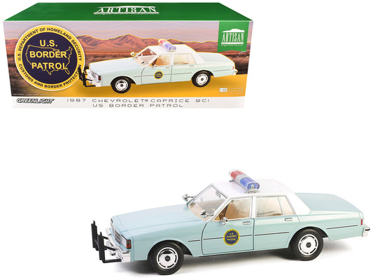Greenlight 1987 Chevrolet Caprice 9C1 US Border Patrol diecast car light green white top 1/18 scale