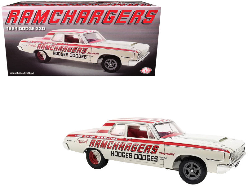 1964 Dodge 330 Ramchargers 1/18 diecast car by ACME, white with red graphics, wired engine, limited to 504 pieces