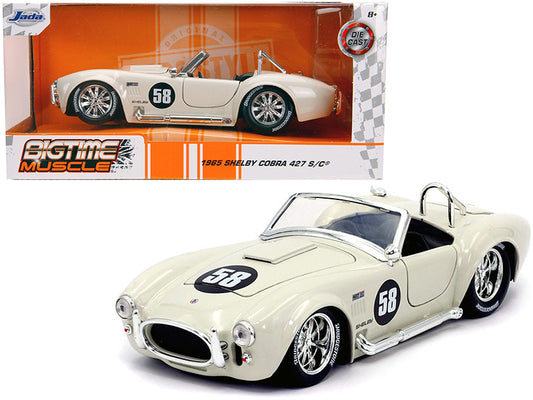 Jada 1965 Shelby Cobra 427 S/C #58 Cream Diecast Model Car, 1/24 scale, Bigtime Muscle, opening parts, detailed.