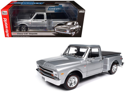 1968 Chevrolet C10 Stepside Pickup Truck 1/18 scale Silver Metallic diecast model by Auto World with opening features