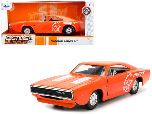 1968 Dodge Charger R/T SRT Orange with White Stripes, 1/24 diecast car, Bigtime Muscle series, new box, opening parts, detailed.