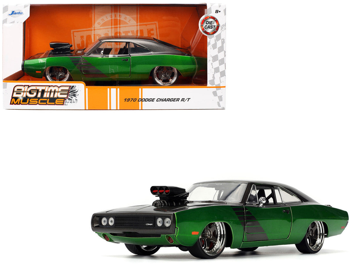 Jada 1970 Dodge Charger R/T 1/24 Bigtime Muscle diecast in dark gray and green with stripes and opening parts