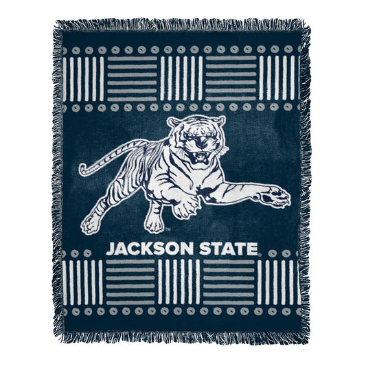 Jackson State Tigers 46x60" NCAA Throw Blanket with school-colored crosshatch pattern, logo, and decorative fringes. Made in the USA