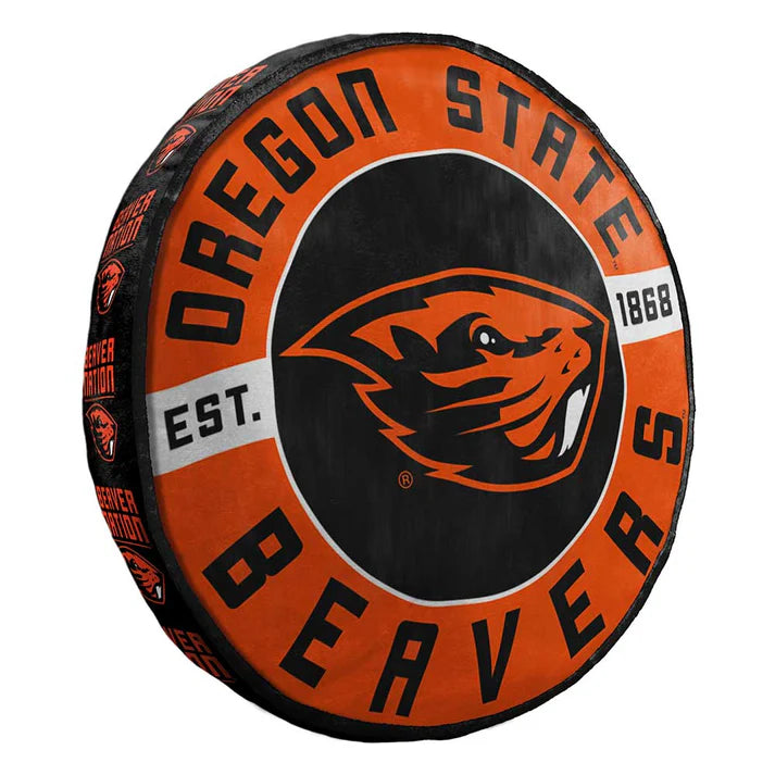 Soft Oregon State Beavers pillow, round and vibrant with team colors, perfect for fan comfort and decor.