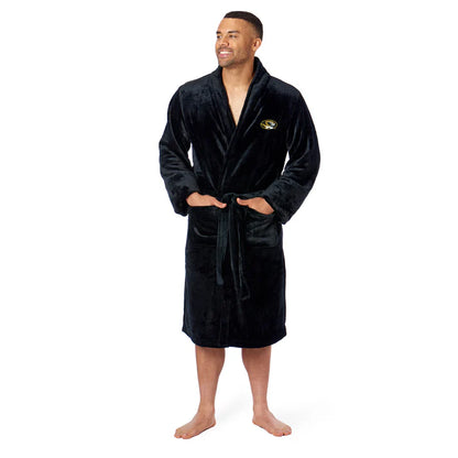 Missouri Tigers NCAA bathrobe, silky-soft with embroidered logo, two pockets, and tie belt. One size fits most, L to XL.