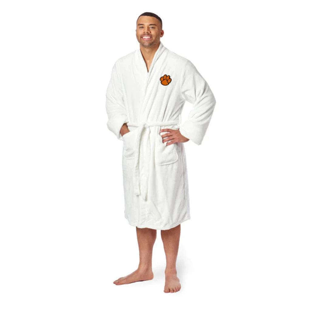 Clemson Tigers bathrobe, silky-soft material, embroidered logo, tie belt, two pockets. Officially licensed NCAA product.