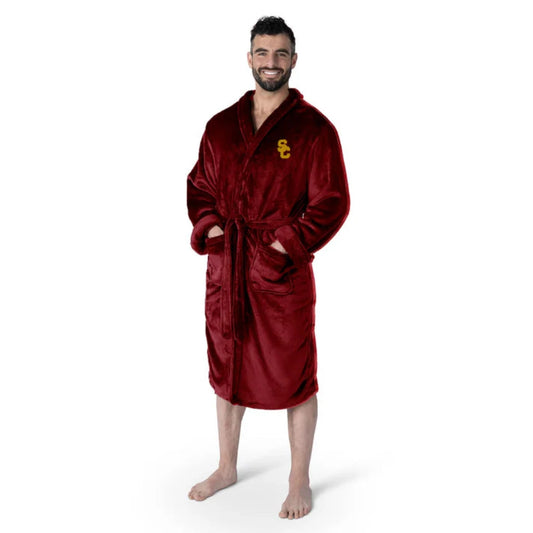 USC Trojans NCAA Bathrobe - Luxurious silky-soft robe with embroidered logo, pockets, and tie belt. L/XL size.